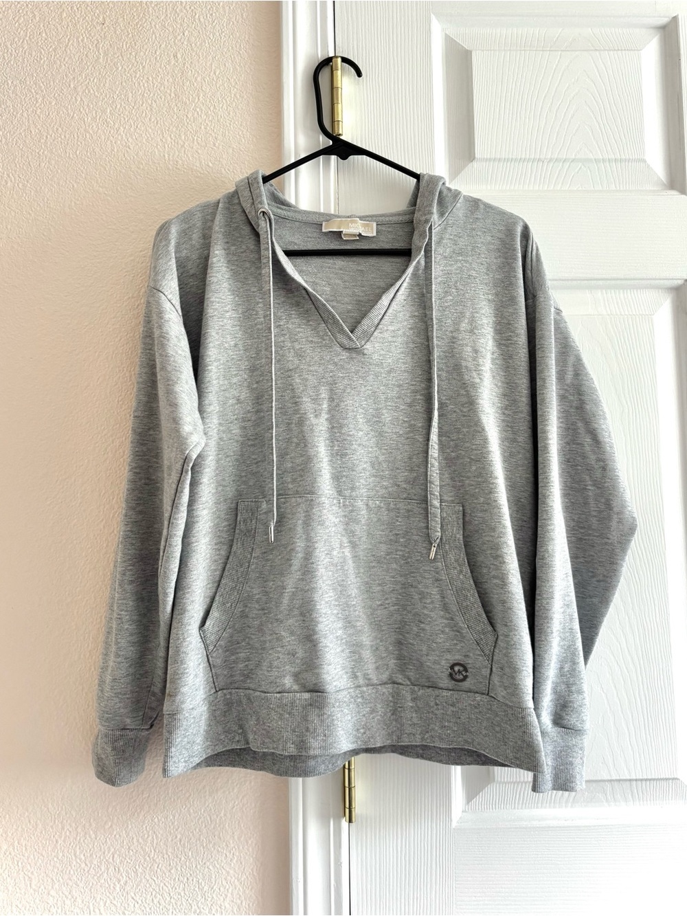 Michael Michael Kors V Neck Drawstring Grey Pullover Hoodie Knit Womens S